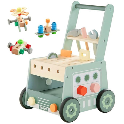 Beright Wooden Baby Push Walker, Wooden Baby Walker and Tool Toy for Toddlers, Kids Tool Bench, Baby Activity Center, Toddler Montessori Educational Toys, Green