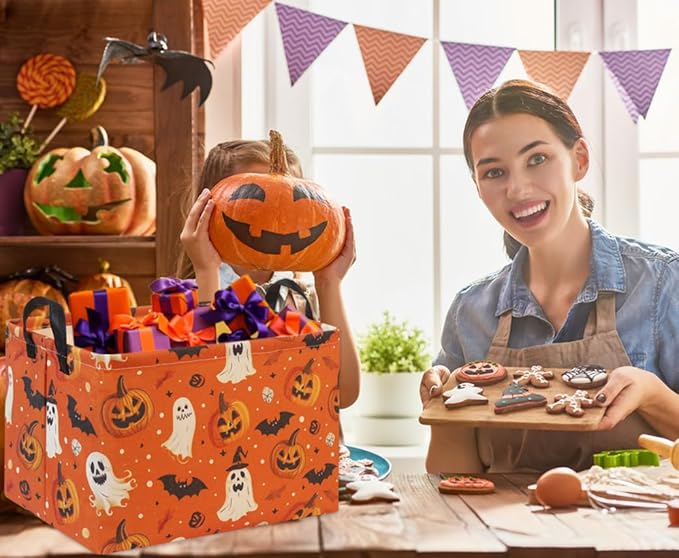 HIYAGON Halloween Pumpkin Basket for Boys & Girls - Trick or Treat & Party Decor - Rectangular Storage Bin Organizer