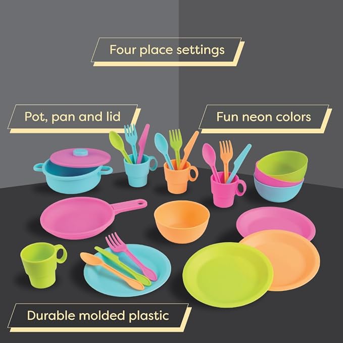 KidKraft 27-Piece Bright Cookware Set, Plastic Dishes and Utensils for Play Kitchens