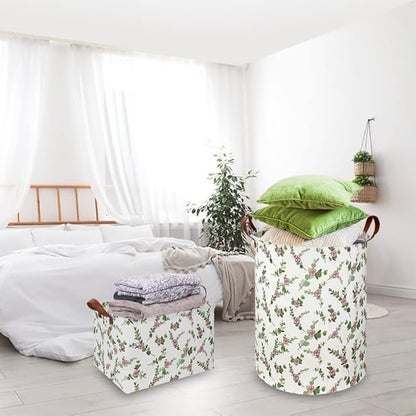 NTAOHAMPER Large Round Canvas Linen Laundry Hamper,Waterproof Storage Bin for Books/Clothes, Laundry Basket, Gift Basket(Eucalyptus leaves)
