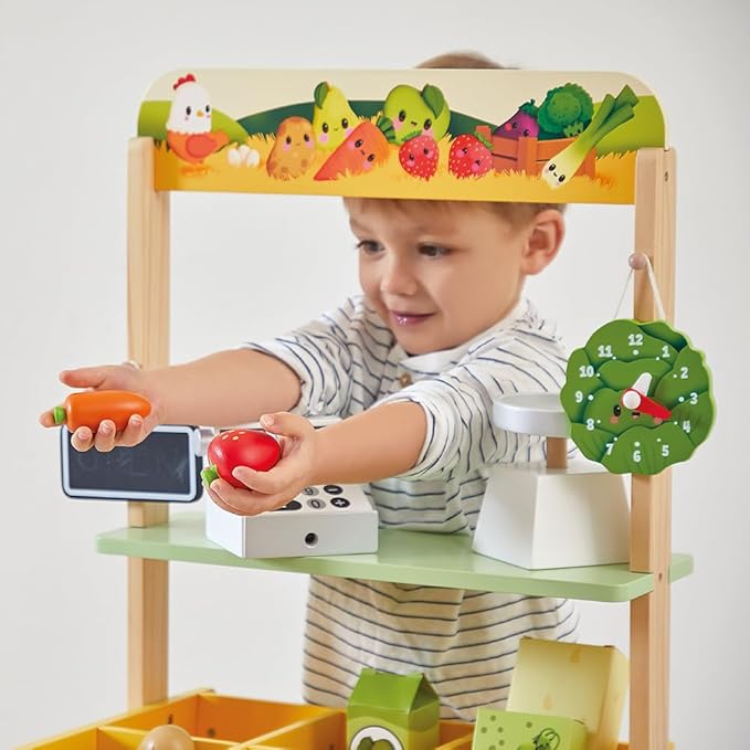 Janod - Children's Merchant Farm Market - Imitation Game for Children - 32 Accessories - Develops Imagination - FSC Wooden Toy - Water Painting - Suitable for Ages 3 and Above - J03322