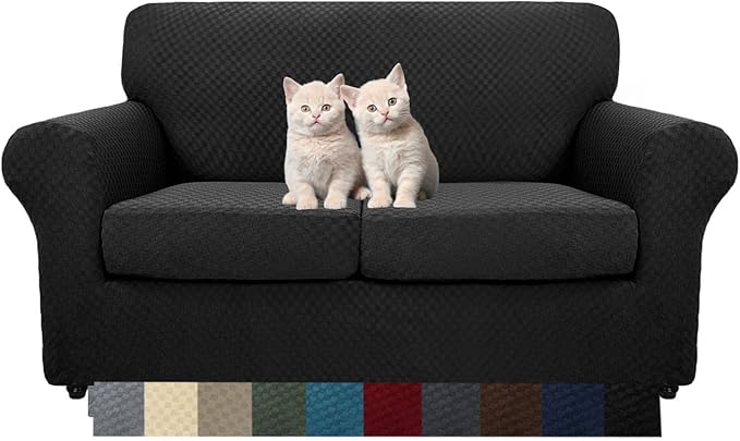 MAXIJIN 3 Piece Jacquard Couch Covers for 2 Cushion Couch Stretch Non Slip Love Seat Couch Cover for Dogs Pet Friendly Elastic Furniture Protector Loveseat Slipcovers (Loveseat, Black)