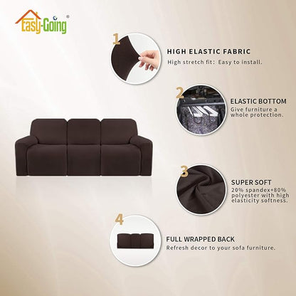 Easy-Going 8 Pieces Microfiber Stretch Sectional Recliner Sofa Slipcover Soft Fitted Fleece 3 Seats Couch Cover Washable Furniture Protector with Elasticity for Kids Pet(Recliner Sofa, Chocolate)