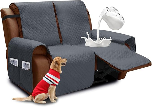 XINEAGE Water Resistant Recliner Cover, 2 seat Recliner Loveseat Covers with Pockets, Quilted Thick Recliner Protector Cover for Dog Pets with Non Slip Backing and Strap(Recliner Loveseat, Dark Gray)