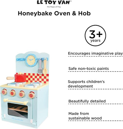 Le Toy Van - Educational Wooden Honeybake Oven & Hob Blue Set Pretend Kitchen Play Toy | Girls Role Play Toy Kitchen Accessories (TV265)