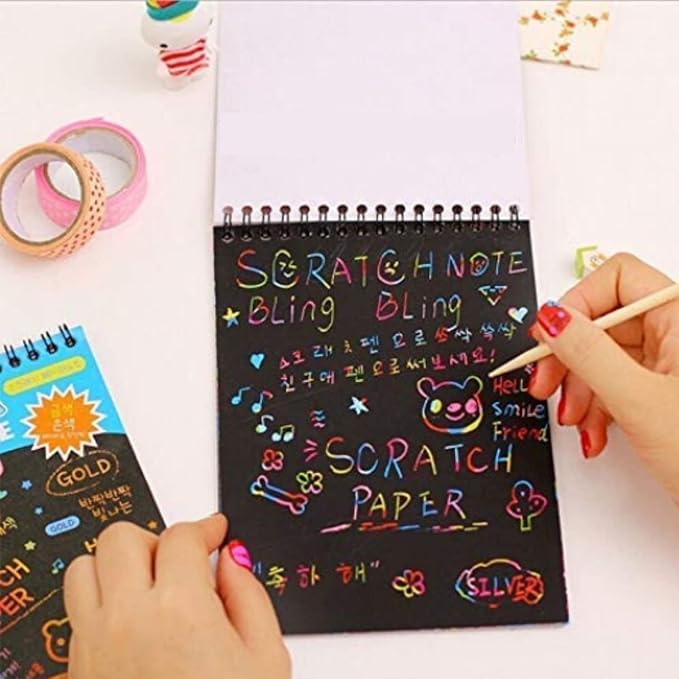 Kidivo Small Size Kid's Rainbow Scratch Book Magic Doodle Scratch Art Activity 2 Notebooks Or Note Pad of 8 Pages with One Stick for Arts and Crafts Kids (Small Size) Pack of 10 Multicolor