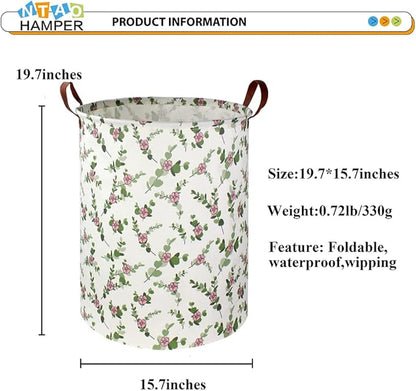 NTAOHAMPER Large Round Canvas Linen Laundry Hamper,Waterproof Storage Bin for Books/Clothes, Laundry Basket, Gift Basket(Eucalyptus leaves)