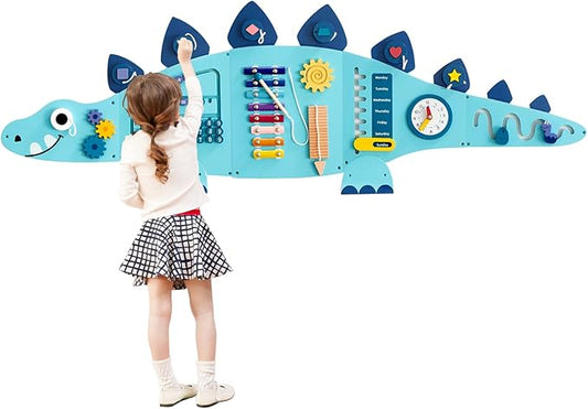 Beright Dinosaur Activity Wall Busy Board Panels, Montessori Sensory Toys, Toddler Learning Activity Center, Perfect for Toddler Playroom & Children's Daycare, Blue