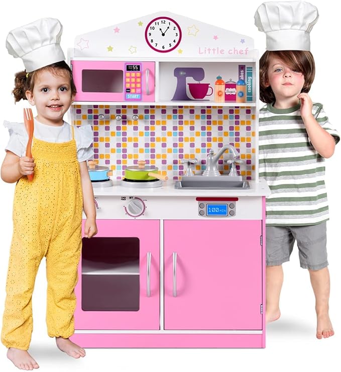 OLAKIDS Kids Kitchen Playset, Wooden Play Kitchen for Toddlers with Real Sounds, Stove Microwave Oven Sink Faucet, Large Storage Cabinet, Pretend Play Toys Cooking Gift for Boys Girls (Pink)