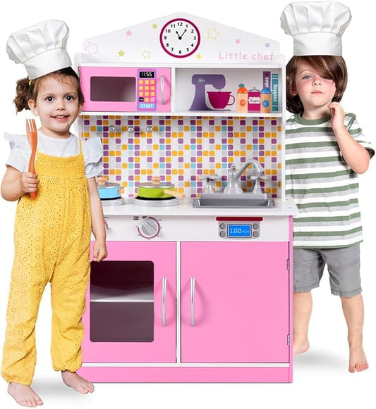 OLAKIDS Kids Kitchen Playset, Wooden Play Kitchen for Toddlers with Real Sounds, Stove Microwave Oven Sink Faucet, Large Storage Cabinet, Pretend Play Toys Cooking Gift for Boys Girls (Pink)