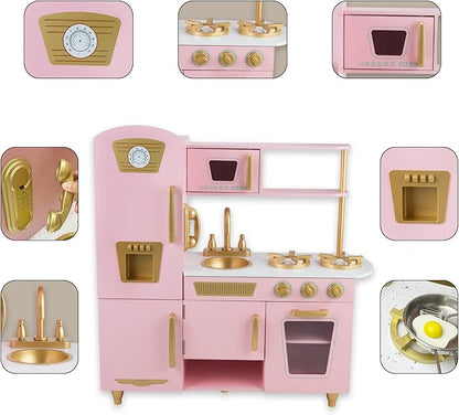 Kitchen Playset for Kids Ages 3-8, Wooden Pretend Play Kitchen, Including Telephone, Ice Maker, Refrigerator, Dimensions: 35” H x 31” W x 12” D (Pink)