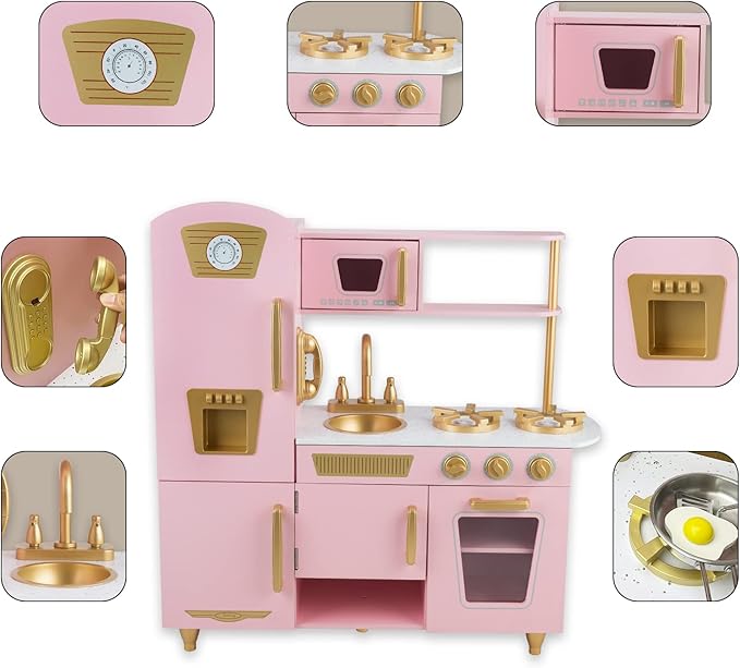 Kitchen Playset for Kids Ages 3-8, Wooden Pretend Play Kitchen, Including Telephone, Ice Maker, Refrigerator, Dimensions: 35” H x 31” W x 12” D (Pink)