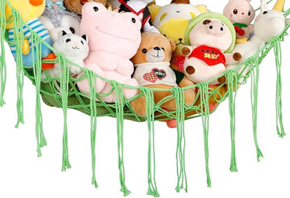 Boho Stuffed Animals Net or Hammock Large,55 inch Toy Hammock Macrame Stuff Animal Storage Corner Hanging Net Holder,Mesh Hammock Plush Toy Organizer with Hooks for Bedroom,Nursery (Light Green)