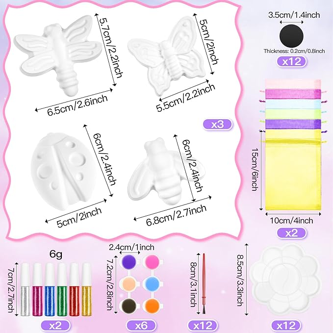 60 Pcs Plaster Painting Party Favors for Kids Birthday Party Supplies Animal Crafts for Kids DIY Painting Statues with Magnet Brushes Palette Organza Bag for Art Favor Bags