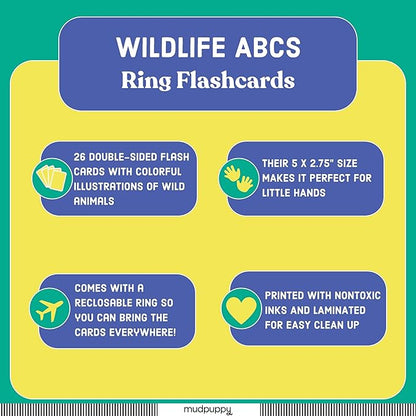 Mudpuppy Wildlife ABCs Ring Flash Cards for Kids - 26 Double-Sided Alphabet Flash Cards on a Reclosable Ring, Colorful Animal Illustrations - Learning Games for Toddlers and Preschoolers
