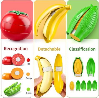 TEMI 70 Pieces Cutting Play Food Toy for Kids Kitchen - Pretend Fruit and Vegetables Accessories Toys for 3 4 5 6 Girls with Storage, Dishes and Knife, Educational Kitchen Toy for Toddlers Age 3-5