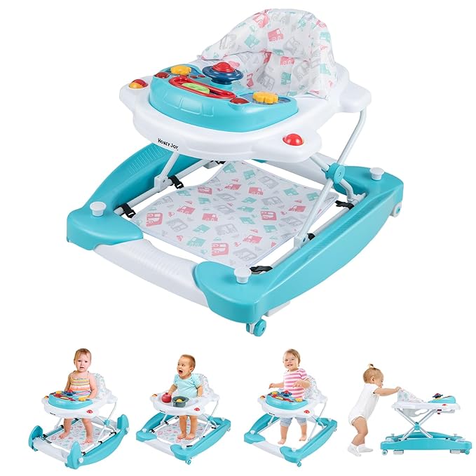HONEY JOY Baby Walker, 6-in-1 Foldable Baby Walker and Bouncer Combo, Infant Activity Walker with Wheels, Adjustable Heights, Rocker, Music, Lights, Walker for Baby Boy Girl 7-14 Months (Green)