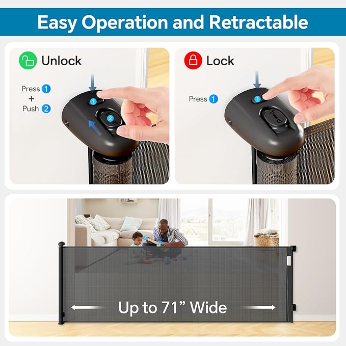 Bulubaky Extra Tall Safety Retractable Baby Gate Adjustable Wide Retractable Dog Gate Mesh Baby Gate Child Gate for Doorway, Hallway, Stair Gates for Kids or Pets (Black, 42" Tall x 71")