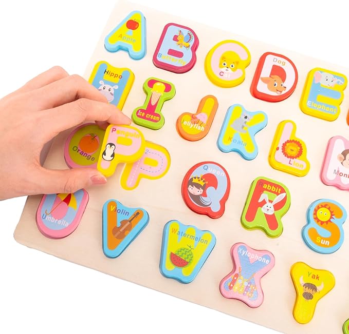 Wooden Alphabet Number Shape Learning Puzzles for Toddlers, 3 in 1 ABC Letter Puzzle Board Set for Kids Ages 3-5 Educational Alphabet Learning Toys for Preschoolers Boys Girls Gifts