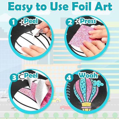 Foil Art Craft Activity for Kids: Fun DIY Toy Sticker Kit, No Mess Creative Travel Supply Set, Idea Birthday Easter Basket Stuffers Valentines Gift for Girl Boy Toddler 4 5 6 7 8 9 Year Old（Vehicle）