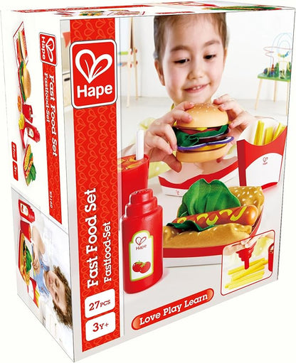 Hape Fast Food Set |Wooden Diner Fast Food Toy Set, Classic American Meal for Pretend Play Includes Burger, French Fries, Hotdogs & Cola