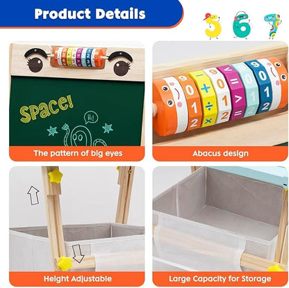 Kids Easel with Paper Roll Wooden Art Easel Height Adjustable Standing Easel with Bead Numbers Alphabet Animal Accessories Double-Sided Whiteboard & Chalkboard for Boys Girls 3 4 5 6 7 8