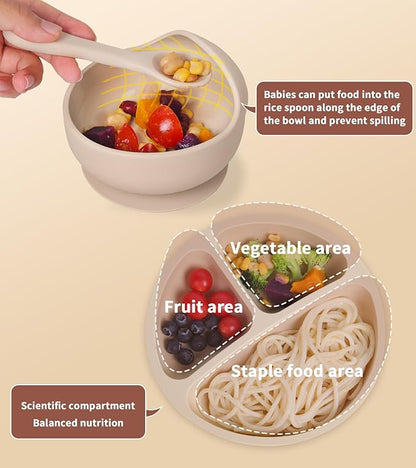 ECLIP Silicone Baby Feeding Set, 10 Pcs Baby Led Weaning Supplies with Suction Bowl Divided Plate Adjustable Bib Soft Spoon Fork Snack Cup with Lid Drinking Cup, Utensil (Beige)