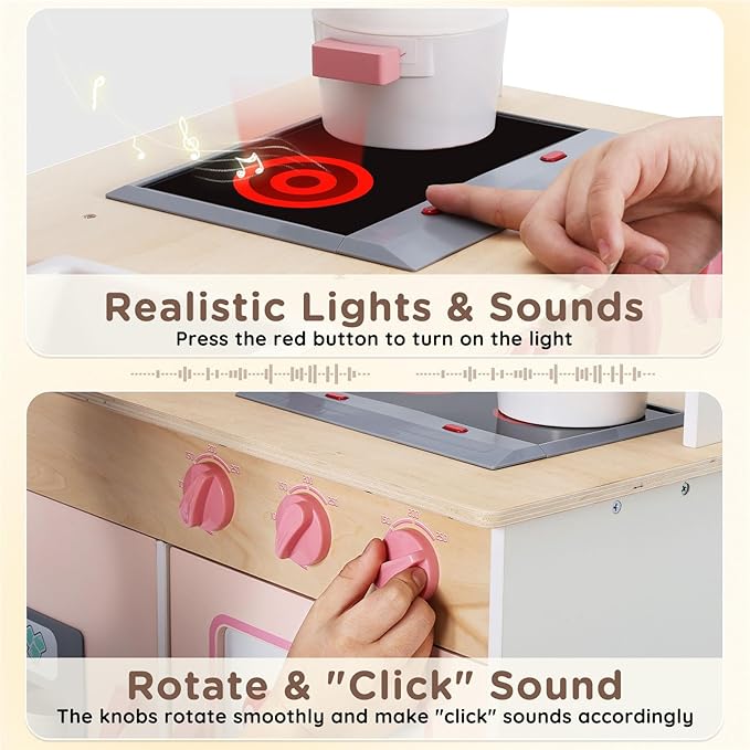 SainSmart Jr. Wooden Play Kitchen for Kids - Premium Toddler Pretend Play Cooking Set - Includes Stove, Refrigerator, and Accessories for Boys and Girls