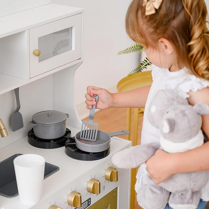 Teamson Kids - Children Play Kitchen Sets, Toddler Girls Pretend Kitchen Set Ages 2-6, Kitchen Toys for Kids Ages 4-8, Little Chef Mayfair Classic Kids Kitchen Playset with 11 Accessories - White/Gold