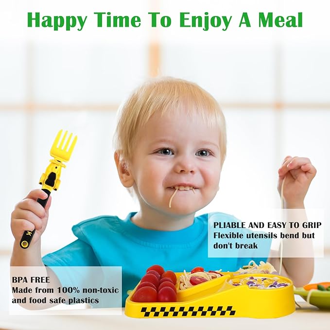 Construction Utensils for Toddlers - Toddler Forks and Spoons - Toddler Spoon and Fork Set - for Kids Utensils - Baby Utensils - Portable Utensil Set for 1 2 3 4 5 years old - Yellow