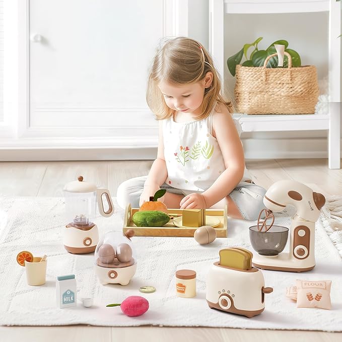 ROBOTIME Kids Toy Kitchen Set - Wooden Play Kitchen Appliances with Toaster, Mixer, Blender with Realistic Sounds, Play Kitchen Accessories Toy Food Set for Kids - Kitchen Playset for Toddlers(4-Set)