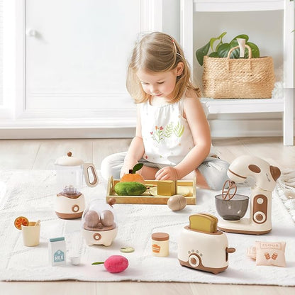 ROBOTIME Kids Toy Kitchen Set - Wooden Play Kitchen Appliances with Toaster, Mixer, Blender with Realistic Sounds, Play Kitchen Accessories Toy Food Set for Kids - Kitchen Playset for Toddlers(4-Set)