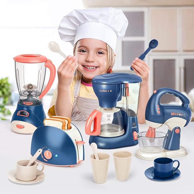 Pretend Play Kitchen Appliances Toy Set with Coffee Maker Machine,Blender, Mixer and Toaster with Realistic Light and Sounds for Kids Ages 4-8