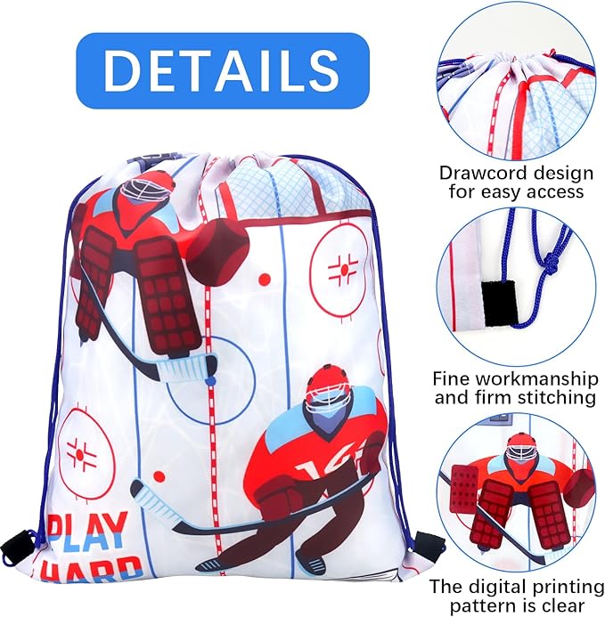 36 PCS Hockey Party Favors Set Include 12 Hockey Drawstring Bag, 12 Hockey Silicone Bracelet, 12 Hockey Motivational Keychain for Ice Hockey Sports Party Birthday Gift Supplies