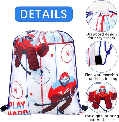 36 PCS Hockey Party Favors Set Include 12 Hockey Drawstring Bag, 12 Hockey Silicone Bracelet, 12 Hockey Motivational Keychain for Ice Hockey Sports Party Birthday Gift Supplies