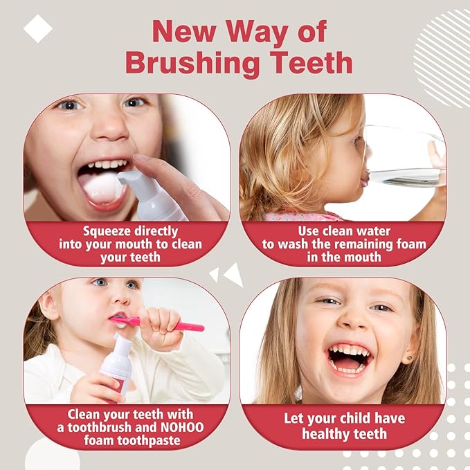 NOHOO Kids Foam Toothpaste with Fruit Flavor, Fluoride Free Natural Formul, Foam Toothpaste for Electric Toothbrush (Strawberry+Orange+Peach+Cantaloupe)
