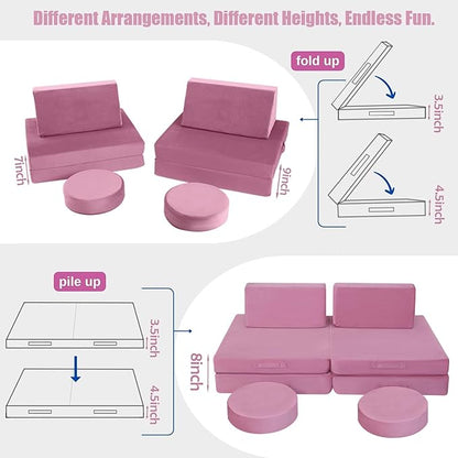 MeMoreCool 8-Piece Modular Kids Play Couch, Pink Convertible Foam Toddler Sofa Play Set for Playroom
