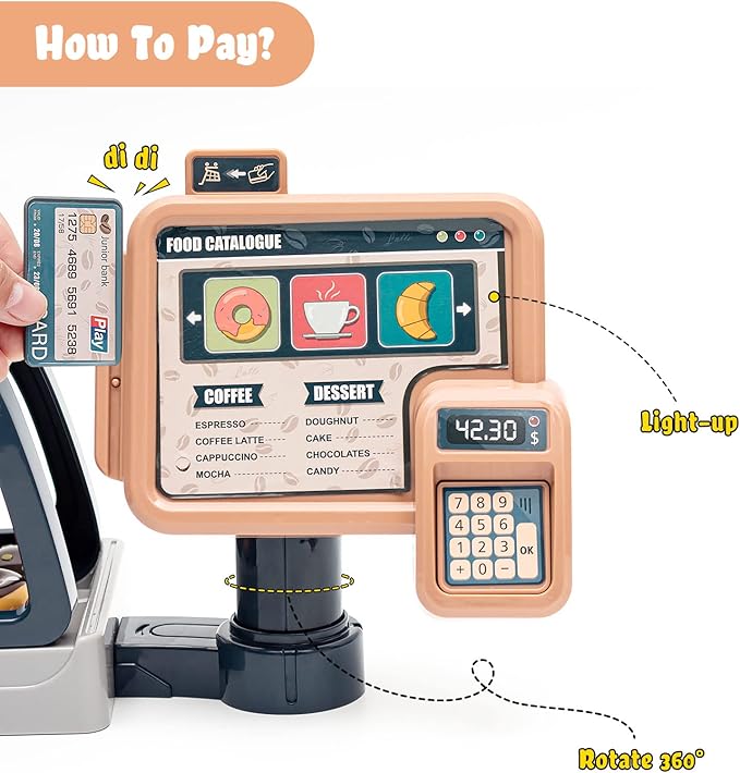 Jomifin Pretend Role Play Toy Coffee Shop for Boys and Girls with Coffee Maker Machine and Fake Donuts 41Pcs (Classic Edition)