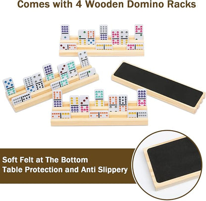 Mexican Train Dominoes Set with 4 Wooden Trays/Racks, Double 12 Dominos Travel Set with 4 Domino Tiles Holders, 91 Tiles Double 12 Colored Dominoes Game Set with Portable Case for Families Kids