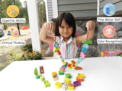 BMTOYS Montessori Educational Threading Toys Wooden Stringing Farm Animals Fruits Lacing Beads Preschool Toy for Toddler 3 4 5 Year Old Boys Girls