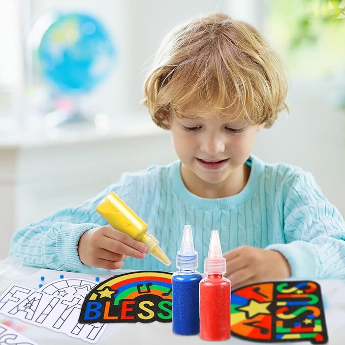 24 Sets Religious Sand Art Craft Kit for Kids Inspirational Words Painting Kit with Colored Sand Make Your Own Crafts Art DIY Art Project for Sunday School Vbs Home Fun Activities