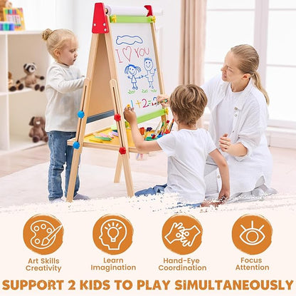 Art Easel for Kids Easel for Toddlers, Adjustable Wooden Kids Drawing Easel with Magnetic Whiteboard & Chalkboard, Kids Dry Erase Board, Easel for Kids Ages 3 4-8 9-12,Green w/Tray