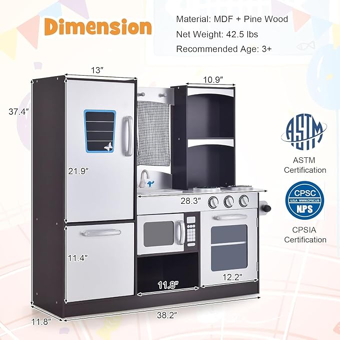 HOMGX Multi-Function Children's Kitchen Toy Set, Wooden Chef Pretend Toy Set w/Microwave, Stove, Sink, Faucet, Storage Cabinet & Shelf,Children's Play Kitchen for Boys & Girls Over 3 Years Old