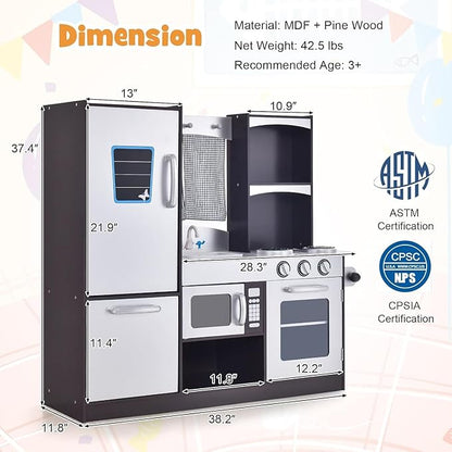 HOMGX Multi-Function Children's Kitchen Toy Set, Wooden Chef Pretend Toy Set w/Microwave, Stove, Sink, Faucet, Storage Cabinet & Shelf,Children's Play Kitchen for Boys & Girls Over 3 Years Old