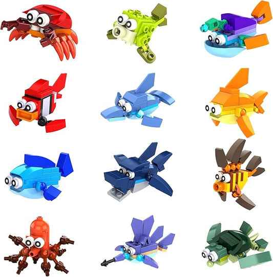 12 In 1 Pre Filled Sea Creatures Building Block Set-12 Pcs Mini Building Blocks Toys, STEM Building Blocks Toys, Classroom Prize Toys, Party Favor for Kids,Birthday,Goodie Bags,Carnival Prizes