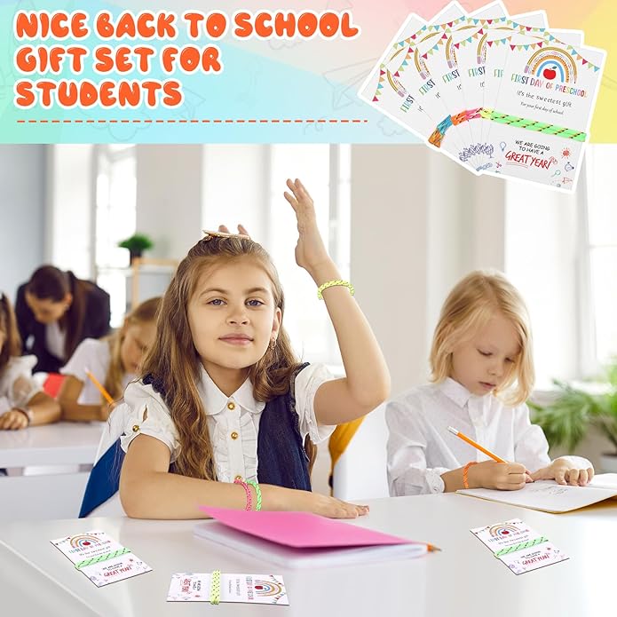 First Day of Preschool Gift for Students Bulk Back to School Party Favors Adjustable Bracelet with Card Sets Friendship Bracelets Neon Woven Rope Classroom Supplies Reward