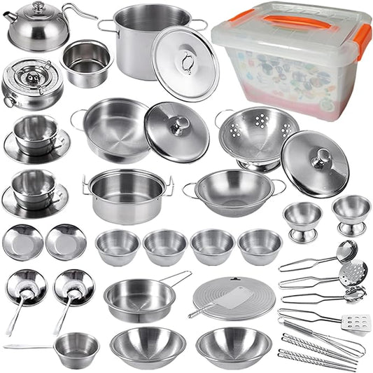 Mini Size Kids Kitchen Pretend Play Toys Accessories with Stainless Steel Cookware Pots and Pans Set,Classic Kitchen Accessories Cooking Utensils Set Tiny Role Play Cooking Play Toy for Kids Toddlers