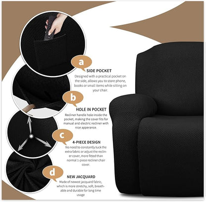 JIVINER 4-Piece Recliner Chair Covers Stretch Jacquard Covers for Recliner Chair Recliner Slipcovers for Living Room Soft Recliner Protector with Pocket (Recliner, Black)