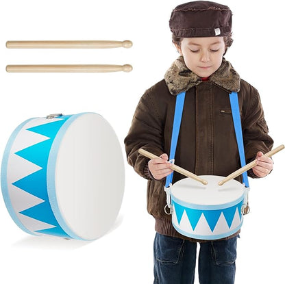 Kids Drum Set 7.87 in Wooden Toy Drum with Adjustable Strap 2 Drumsticks Educational Sensory Musical Instrument Set for Toddlers Kids Baby Toy Gift(Blue Triangle Style)