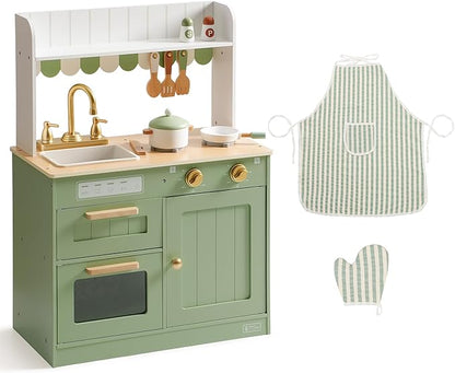 ROBUD Wooden Play Kitchen Set for Kids, Pretend Play Kitchen Toy Set with Golden Faucet, Sink, Oven, Stove, Cabinet, Vintage Style, Gift for Boys & Girls Ages 3+ (Green)